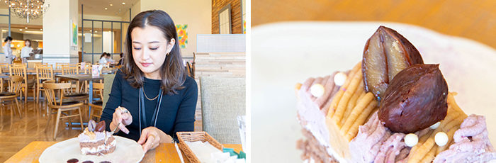 栗とむらさき芋のショートケーキを食べるリナティ