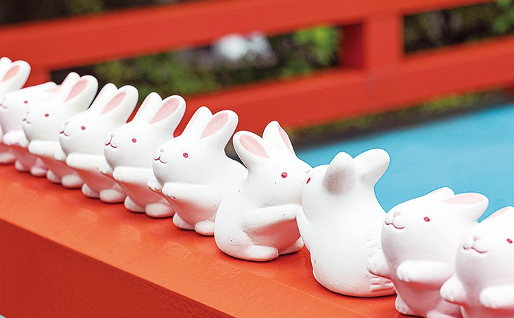中におみくじが入った「うさぎみくじお守り／500円」