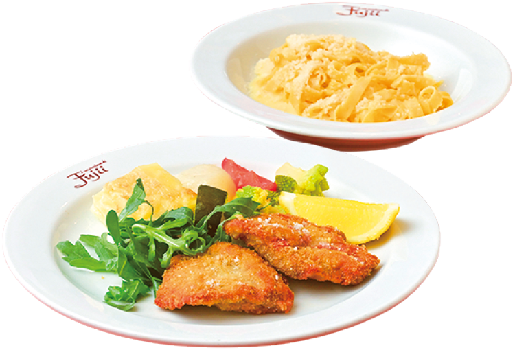 「アルフレードのフェットチーネ」と「牛フィレのカツレツ」