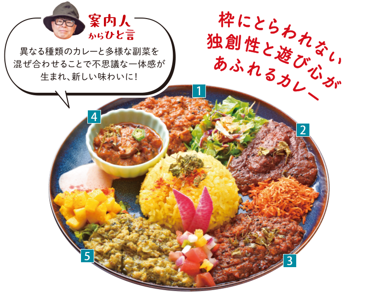 「スパイスカリープレートランチ 3種 スパイス和牛すじカリー 新じゃが入りチキンキーマカリー サグ（ほうれん草）チキンカリー ※スープ付き／1,200円）」