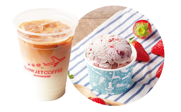 併設カフェ「SLOW JET COFFEE(スロージェットコーヒー)」では、コーヒーやアイスクリームなどがスタンバイ