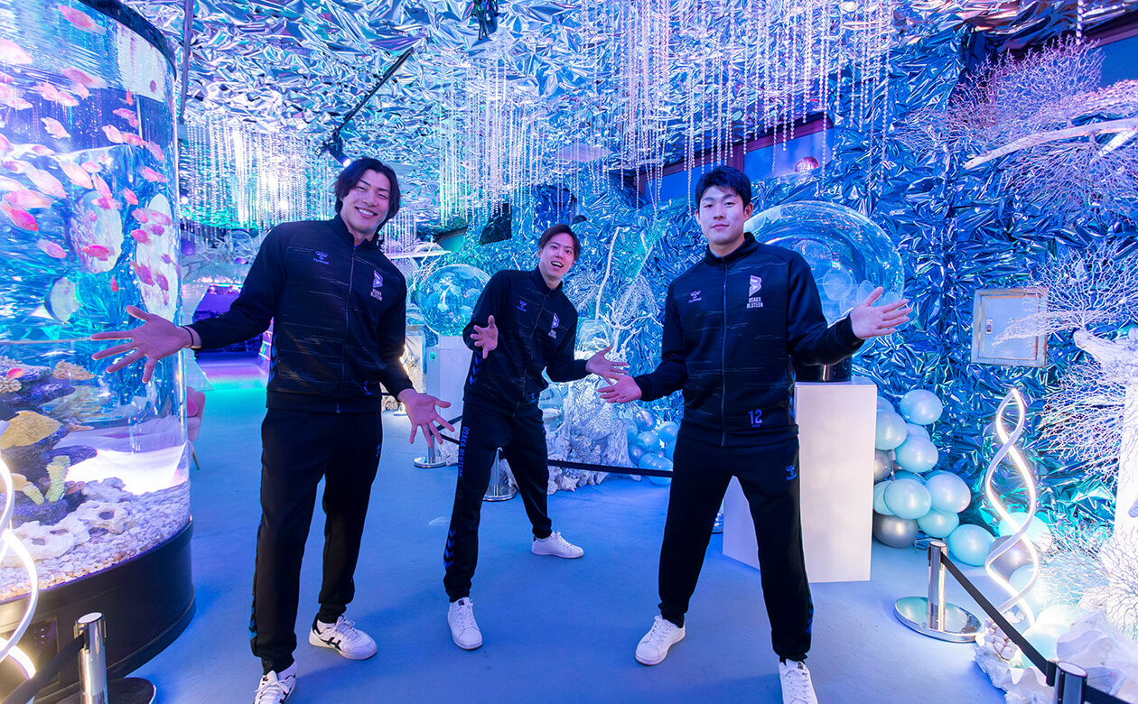 貝殻や宝石に囲まれたファンタジック空間には、キュートな色や形の魚たちが泳いでいる。