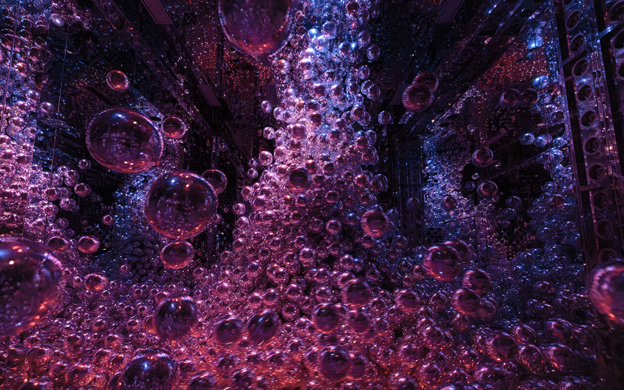 銀色の球体が空間を飲みこむようにさまざまな形に変化する。