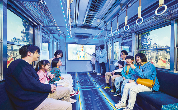 「バーチャル時空ツアー」では、車窓に映像が映し出され、まるで未来の街を走っているかのよう。大阪の昔と未来のふたつのツアーが楽しめます