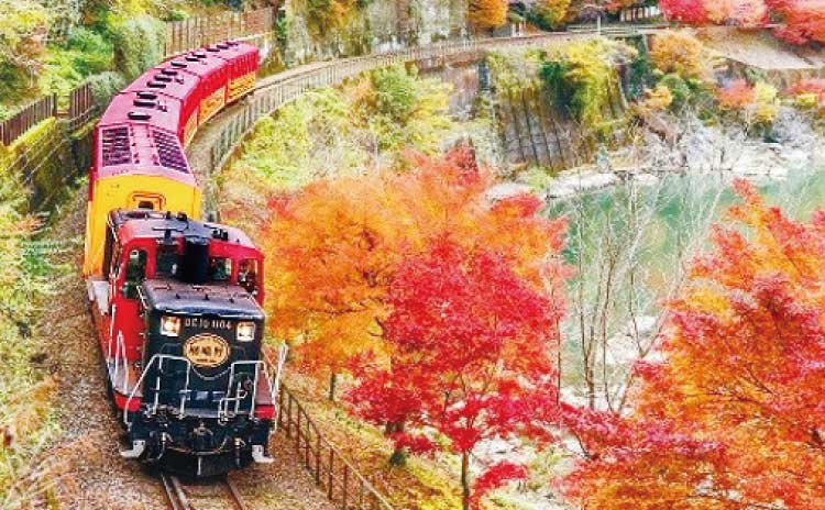 保津峡のほとりを走るトロッコ列車