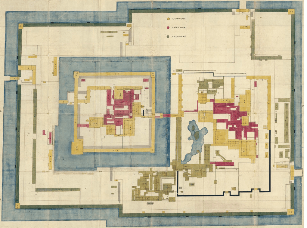 『二条御城中絵図』京都大学附属図書館蔵。寛永行幸当時の二条城の様子を記した図面。黄色は寛永行幸時に存在した建物、緑色は寛永行幸のために建てられ後に移築された建物、赤色は行幸後しばらく経ってから取り壊された建物