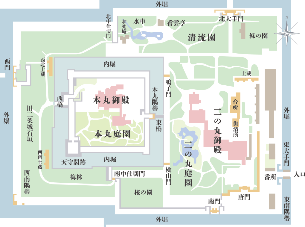 現在の元離宮二条城の配置図。二の丸御殿の主要な建物は現在までほぼ変わってない