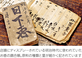 店頭にディスプレーされている明治時代に使われていたお香の調合帳。原料の種類と量が細かく記されています