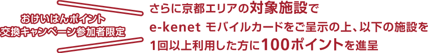 おけいはんポイント交換キャンペーン参加者限定　さらに京都エリアの対象施設でe-kenetモバイルカードをご呈示の上、以下の施設を１回以上利用した方に100ポイントを進呈