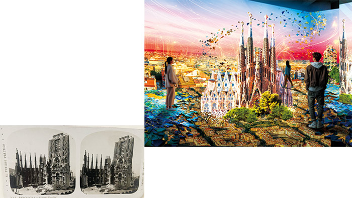 （右上）Area6：サグラダファミリア 永遠の聖堂 ⒸNAKED （左下）3D立体写真（サグラダ・ファミリア） サグラダ・ファミリアの3D立体写真／ サグラダ・ファミリア（バルセロナ）／ ガウディ財団より貸与／オリジナル